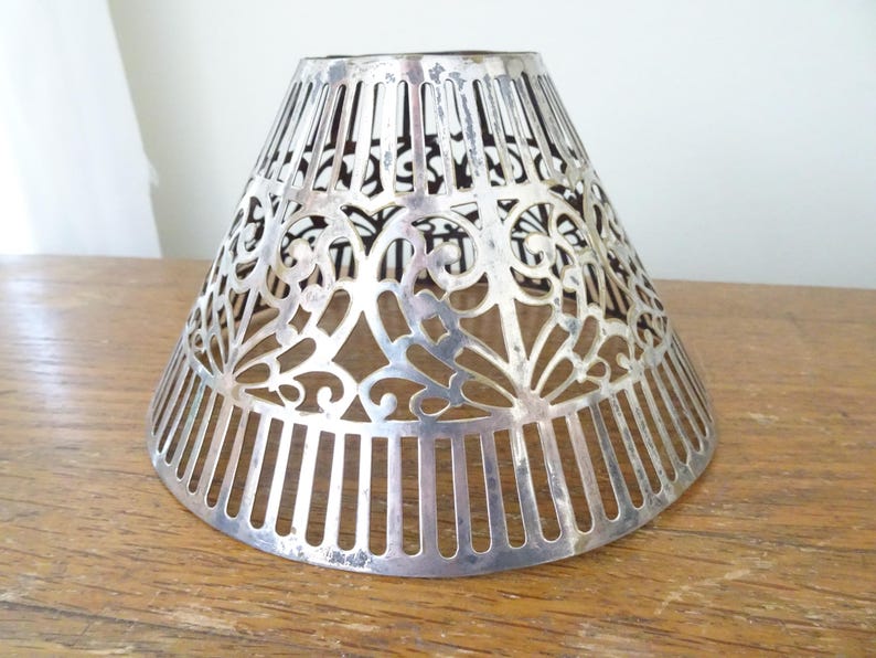 Vintage, Pierced Metal Lamp Shade- Silver Toned Metal, Silver Plate - Art Deco- Candle/Oil Lamp- Cone Shaped image 3