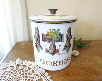 Vintage, Georges Briard Enamelware Cookie Jar- Indian Corn/Cornstalk and Celery Design, Gold Details- With Lid