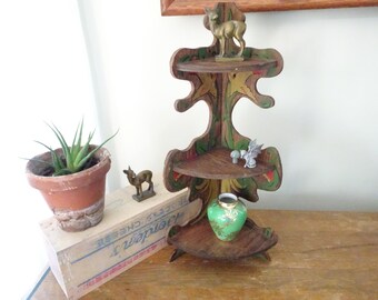Vintage, Yellow Bird Corner Wall Shelf- 1940s- Wood, Three Shelves- Decorative Folk Art