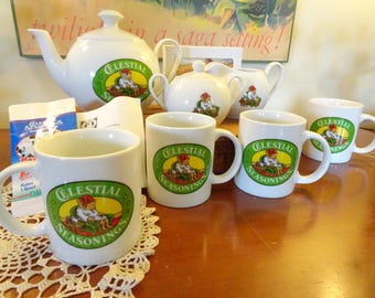 Celestial Seasoning Full Tea Set- Sleepy Time Bear- Tea Pot, 4 Mugs, Creamer, Sugar Dish- Promotional Cards- Vintage- Ceramic