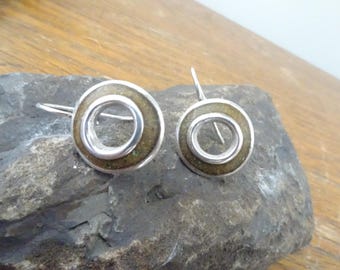 Vintage, David Urso Earrings- Open Circle, Dangle Earrings- Silver, Tan Inlay- Artist Jewelry- Modernist