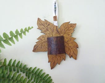 Vintage, Pyrography Maple Leaf Wall Hanging/Sconce/Vase- Handmade- Burnt Wood