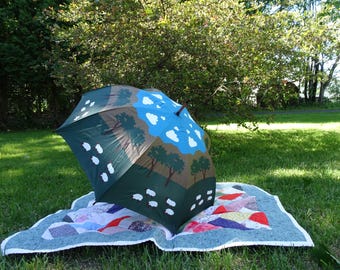Vintage Sheep Umbrella- Made in Briton, England- Rain Umbrella- Wooden Handle- Trees, Could, Mountains