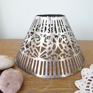 Vintage, Pierced Metal Lamp Shade- Silver Toned Metal, Silver Plate - Art Deco- Candle/Oil Lamp- Cone Shaped image 1