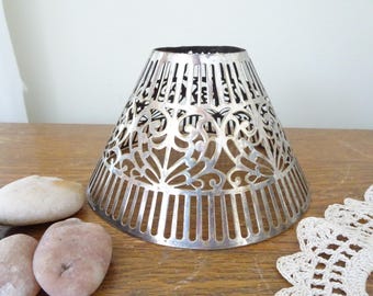 Vintage, Pierced Metal Lamp Shade- Silver Toned Metal, Silver Plate - Art Deco- Candle/Oil Lamp- Cone Shaped