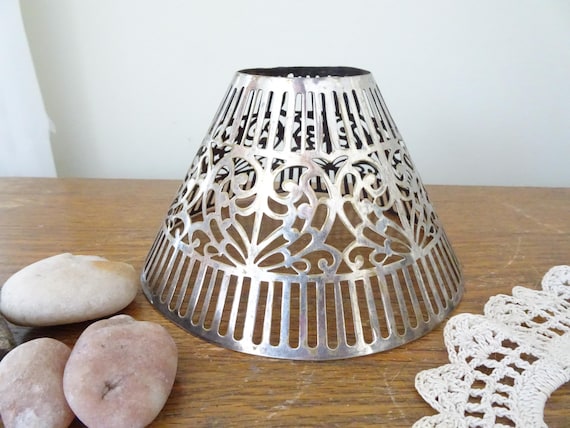 Vintage, Pierced Metal Lamp Shade- Silver Toned Metal, Silver Plate - Art Deco- Candle/Oil Lamp- Cone Shaped