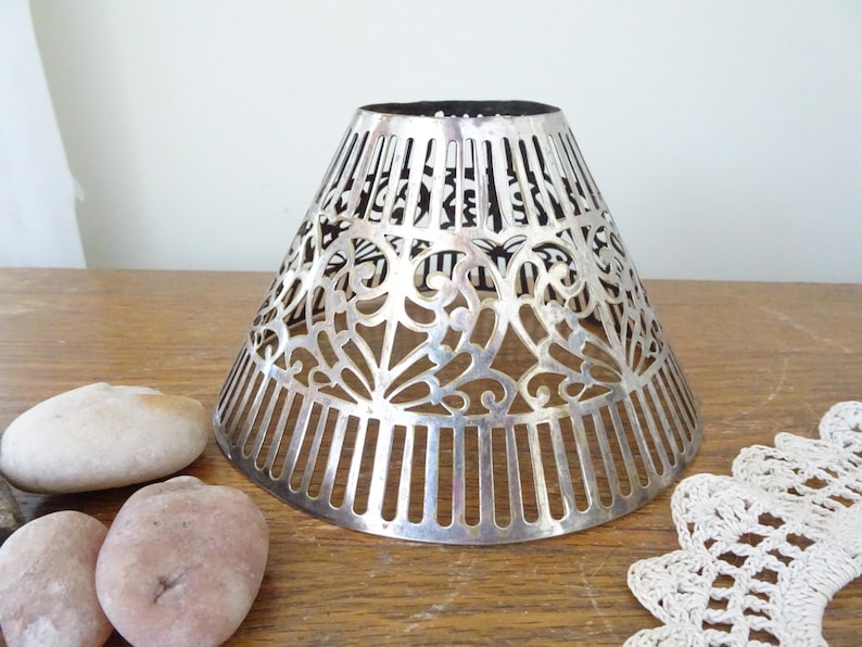 Vintage, Pierced Metal Lamp Shade- Silver Toned Metal, Silver Plate - Art Deco- Candle/Oil Lamp- Cone Shaped image 1