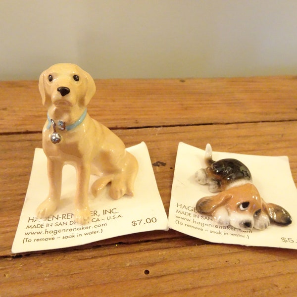 Cute, Set of 2, Hagen Renaker Dog Figurines- Yellow Lab, Basset Hound Puppy- Ceramic, Made in USA, California- On Original Cards-Collectable