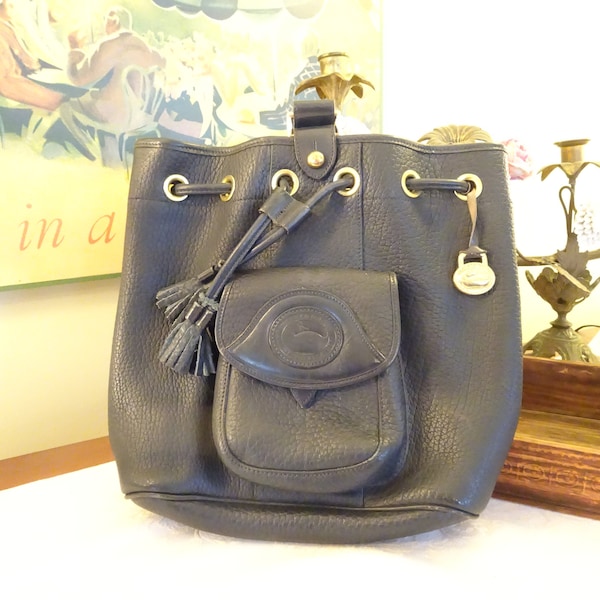 Vintage, Dooney and Bourke Bag/Backpack/Bucket Bag- Pebble Grain Leather- Duck Logo- Made in USA- Dark Blue- Drawstring- All Weather Leather