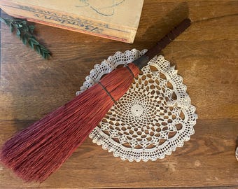 Vintage, Fireplace Hearth Broom- Red Straw, Carved Wood, Square Handle- Rustic