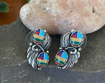 Vintage, Sterling Silver, Wheeler Manufacturing Earrings- Inlay, Multicolor Stones- Feather Design- Southwest Style