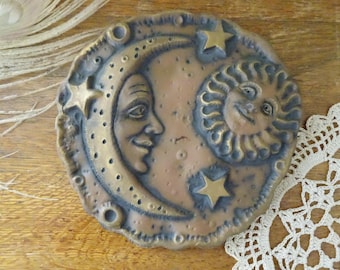 Vintage, Sun and Moon Terracotta Wall Hanging- 1990s Celestial- Barbara Sexton, Catskill, NY, USA
