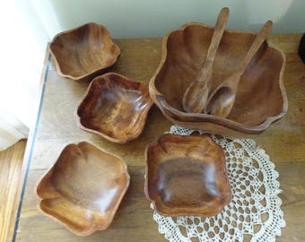 Vintage, Teak Wood Salad Bowl Set- Large Serving Bowl, 4 Salad Bowls, Utensils- Hosting