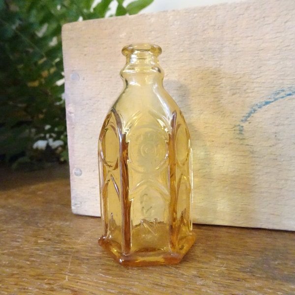 Beautiful, Vintage, Wheaton Church Brand Ink Bottle- Amber/Yellow/Gold- New Jersey- Tiny Bottle, Bud Vase- Church Windows- 1970s