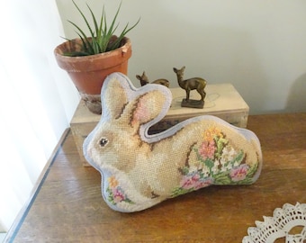 Vintage, Embroidered Bunny Pillow- Lillian Vernon- 1990s- Rabbit, Pink Flowers- Spring, Cute
