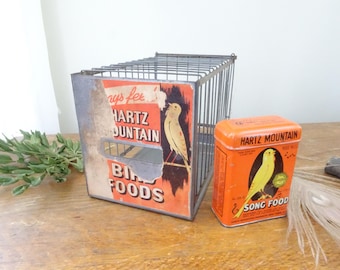 Vintage, Hartz Mountain Bird Food Tin and Metal Cage- Advertising- Yellow Canary- Bird Seed