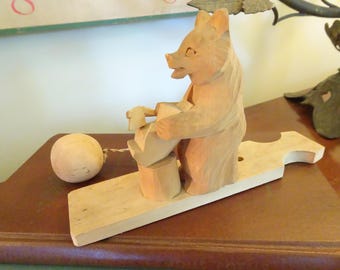 Vintage, Carved Wood Bear Toy- Whittling Bear- Mechanical Toy- Russian Folk Art- Bogorodskoye