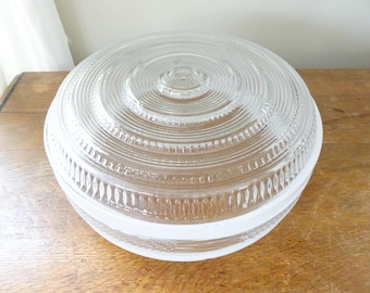 Vintage, Bullseye Barrel Shaped Glass Lamp Shade- Art Deco- 10 Inches Wide- Clear, White- Retro