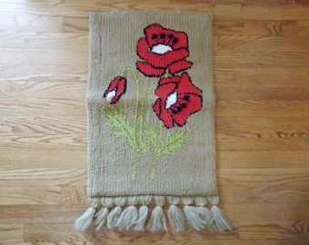 Vintage, Red Poppy Flower Wall Hanging/Latch Hook Rug- 1970s- Mod- Tapestry- Tassels