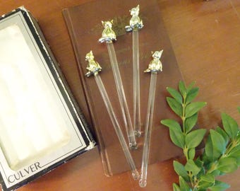 Vintage, Culver Cat Stirrers- 4 Swizzle Sticks- Pulled Glass- Shiny Gold- Original Box- Made in Taiwan