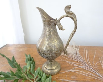 Vintage, Brass Pitcher/Ewer with Incised Swirl Design- Sandcast- Dragon/Fish Handle