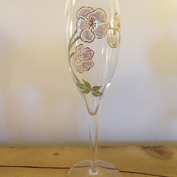 Amazing, Perrier Jouet Champagne Glasses/Flutes- Hand Painted Anemone- Pink Flowers, Gold Trim- Drinkware/Barware- French