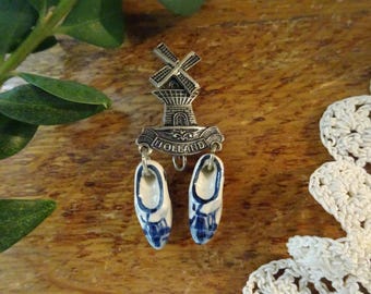 Vintage, Holland Souvenir Brooch/Pin- Windmill, Ceramic Dutch Shoes- Blue, White Ceramic