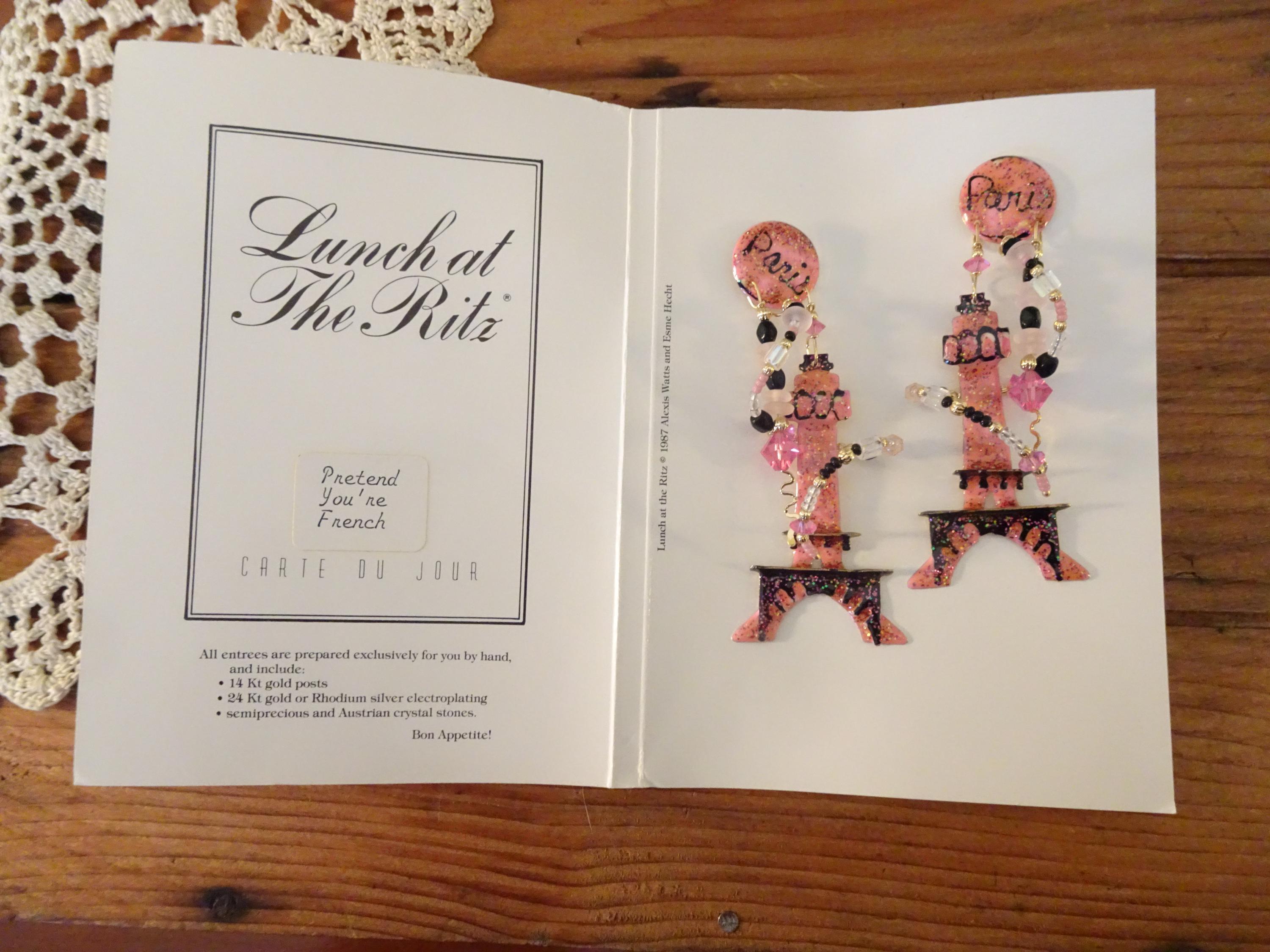 Vintage, Lunch at the Ritz Earrings- Pretend You're French- Pierced Ears-  1980s- Alexis Watts, Esme Hecht- Flamboyant, Pink, Statement Piece - Etsy, image size:3000x2250