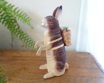 Amazing, Vintage, Ragon House, Reproduction Putz Rabbit- Paper Mache- Bunny with Basket, Carrots- Brown, Tan- Easter, Spring- German Style