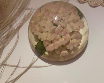 Vintage, William Rolfe Flowers in Lucite Paperweight- Dome Shape- Light Pink/White
