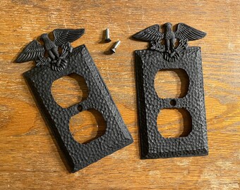 Two Matching, Vintage, Federal Eagle Outlet Covers- Metal, Black Paint- Colonial Style- With Screws- Patriotic, Americana- Refurbished