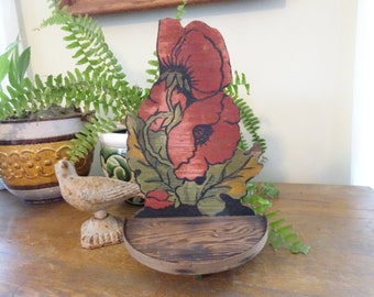 Pretty, Vintage, Poppy Wall Shelf- Wood- Red Flowers- Folk Art- Hand Painted, Hand Made- Farmhouse- Hanging Display Shelf
