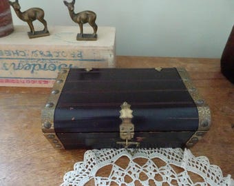 Vintage, Wood Treasure Chest Jewelry Box- Brass Findings, Purple Velvet Lining- Made in Japan
