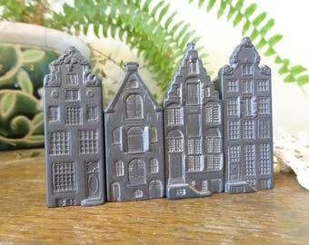 Super Cute, Set of 4 Wettig Gedeponeerd Dutch Rowhouses- Pewter- Architecture- Holland, Amsterdam- Hollow, Miniature, Figurines- Collectable