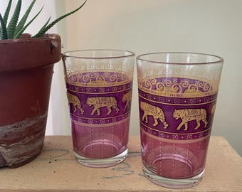 Two Vintage, Cerve Purple Tiger Glasses, Tumbler- Made in Italy- Gold- Drinking/Juice Cups- Indian Design