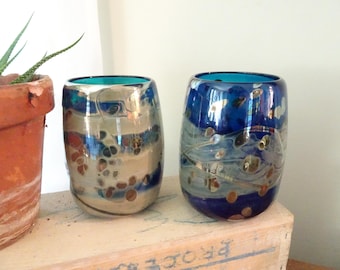 Vintage, Set of 2, Andres and Chapman Glasses- Cobalt Blue, Shiny Gold- Art Glass- Signed by Artists