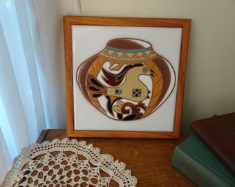 Vintage, Framed Southwestern Tile- Ceramic Pot, Bird Design- Earth Tones- Professionally Framed