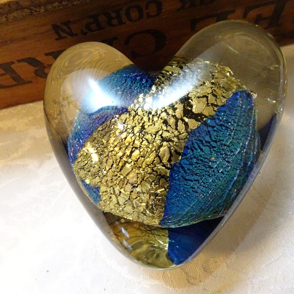 Beau, vintage, Robert Eickholt Art Glass Heart- Signé- Dichroïque, Bleu, Or-Iridescent-1998-Collectable American Glass-Columbus, Ohio