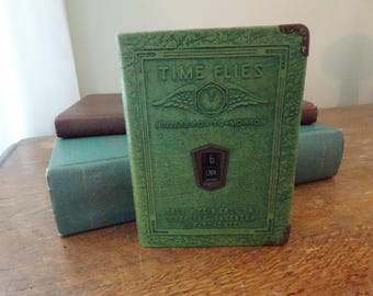 Vintage, Book Shaped Coin Bank- Life Insurance Bank- Time Flies- Green Leather, Brass- Book of Thrift