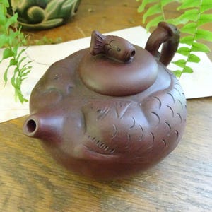 Rare, Vintage, Redware, Yixing Chinese Fish Teapot- Yixing Ware, Jiangsu Province, China- Two Swimming Fish, Little Fish Handle-Art Ceramics