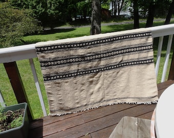 Vintage, Woven Throw Blanket- Tan, Black, Flower Pattern- Earth Tones- 56 by 78 Inches
