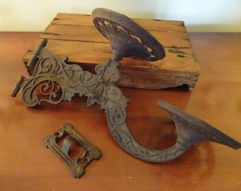 Vintage Cast Iron, Double, Plant/Oil Lamp Holder- Swing Arm- With Wall Mount- Art Nouveau Style-Antiqued Patina-Victorian Style-fleur-de-lis