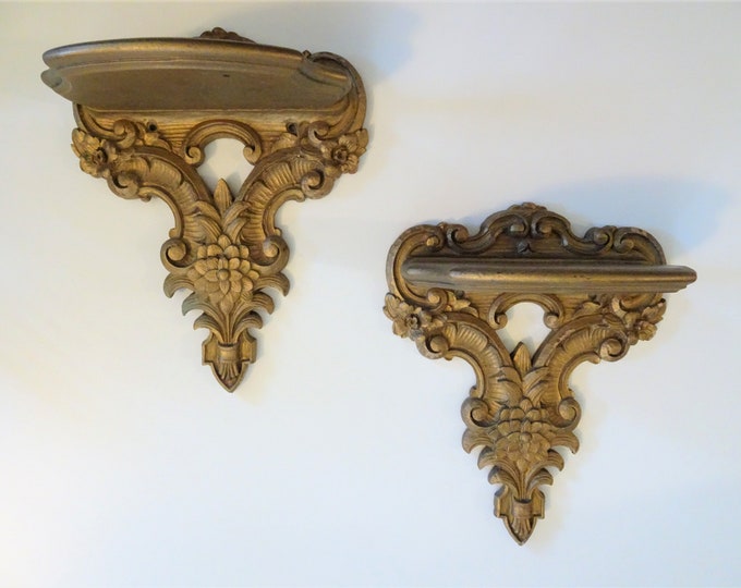 Cool Set of 2 Syroco Wood Wall Shelves Made in USA Flowers Etsy