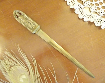 Vintage, Brass Letter Opener, Knight Handle- Gothic Style- Dramatic Stationary- Solid Metal