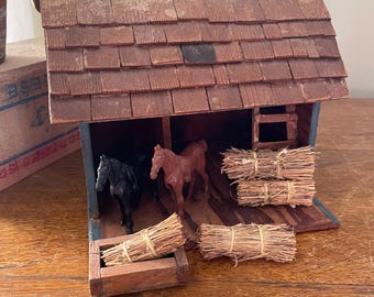 Antique/Vintage, Handmade Wood Barn with Horses- Miniature Play Set, Doll House- Folk Art- Miniature Hay, Water Trough