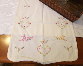 Cute, Vintage, Hand Stitched Table Runner- Birds, Flowers, Hearts- White Linen- Frilly, Feminine- Farmhouse- Pink