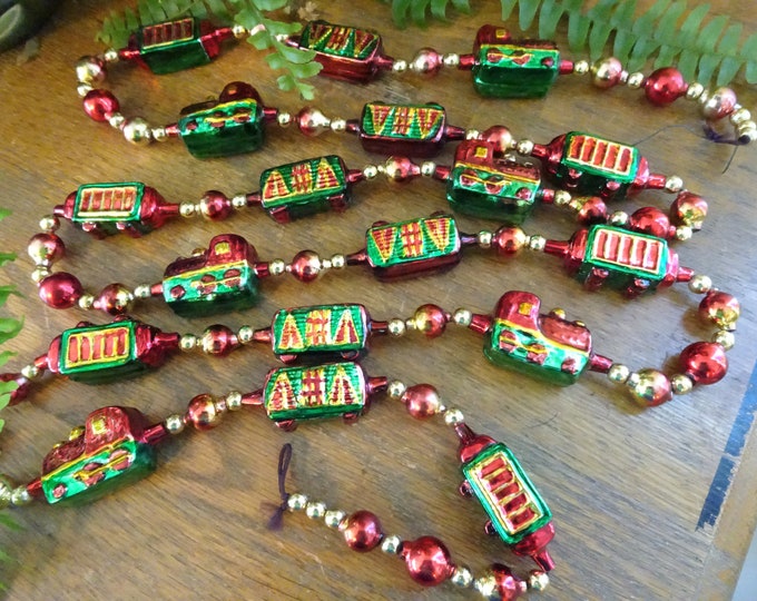 Beautiful, Vintage, Christmas Tree Garland Glass Train Blown Glass, Mercury Glass Red, Green