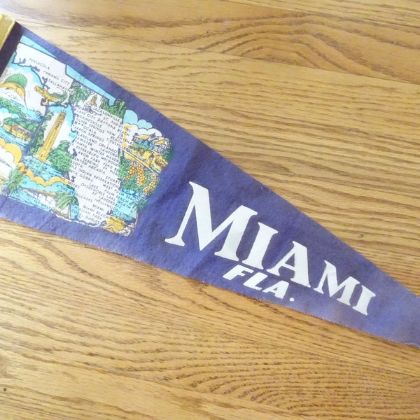 Vintage, Miami, Florida Souvenir Pennant- 1950s- State Map- Colorful Design-Purple Felt, Yellow Siding-Flamingos, Alligator, Key West, Beach