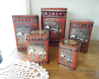 Vintage, 5 Piece Nesting Canister Tins- Japanese Design- Made in England- Mother and Children