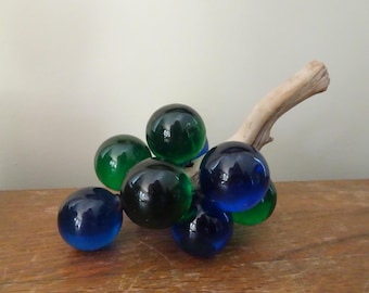 Vintage, Lucite Grape Cluster- Blue, Green- True Vintage- Midcentury Modern- Wooden Driftwood Stem